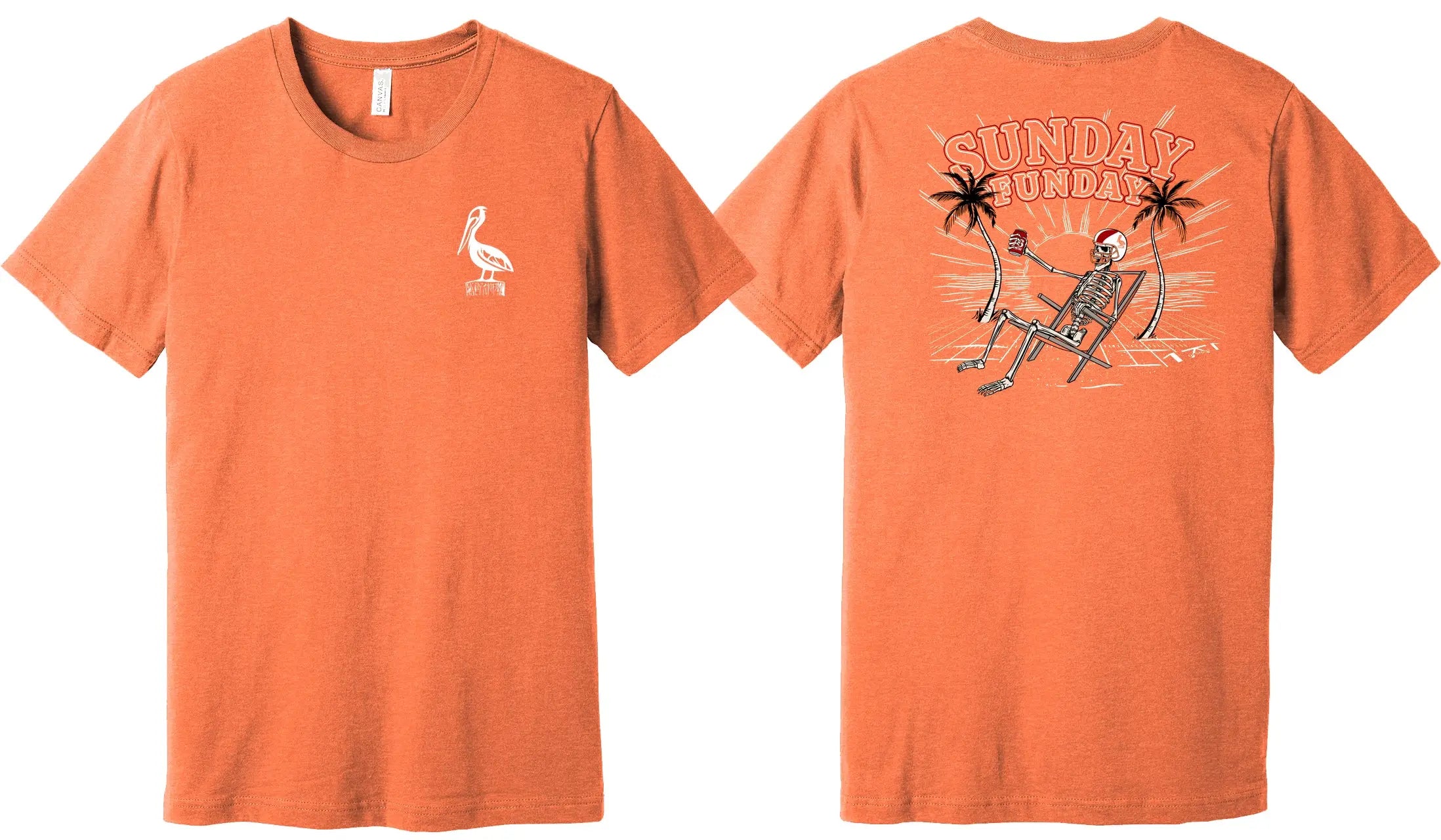 Orange shirt featuring a skeleton wearing a football in tampa bay colors local tshirt made in tampa bay