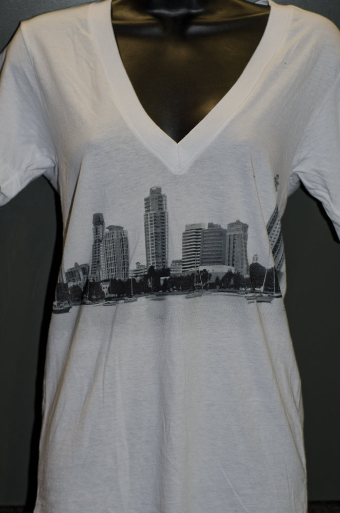 white women v neck shirt featuring the 2011 skyline of downtown St. Pete St. Petersburg Locally made