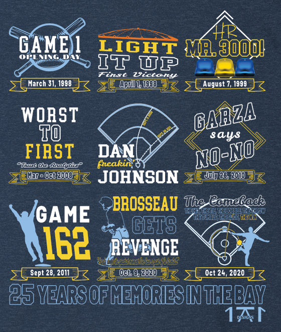 Navy Blue t shirt featuring 25 years of baseball in Tampa Bay history graphic - Keepin it local