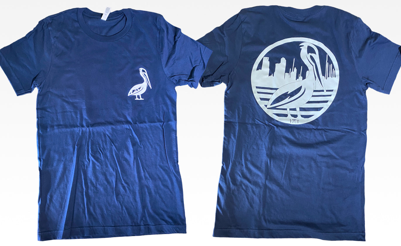 Navy blue shirt featuring st. pete st. petersburg skyline and pelican  locally made shirt