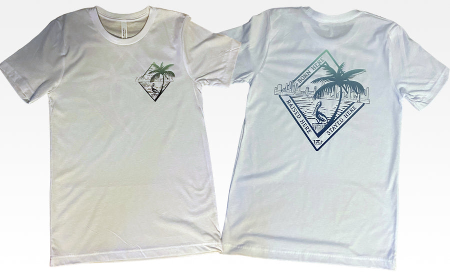 tampa bay native design on a white t shirt featuring the tampa skyline and st. pete skyline with the phrase born here raised here stayed here