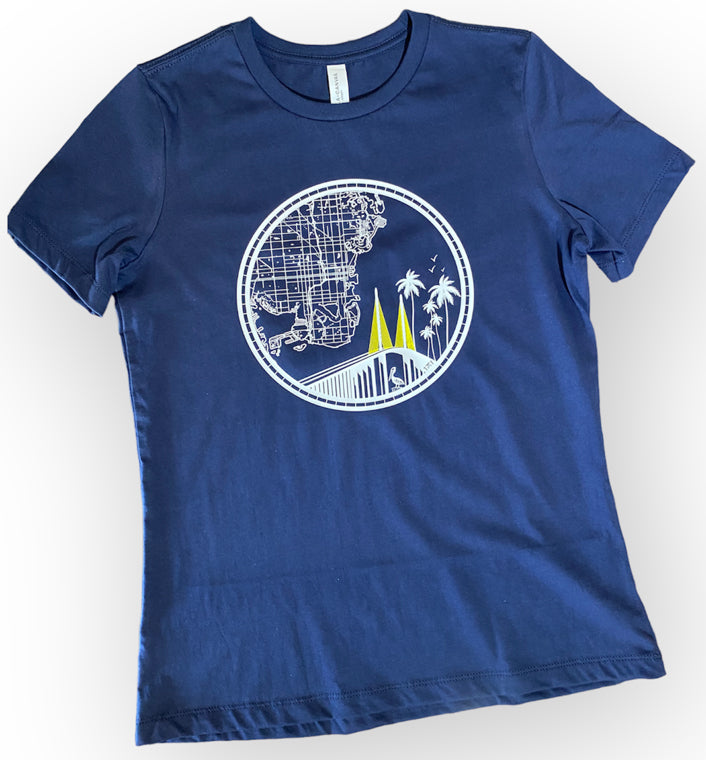Navy Blue Women's Crew Neck t shirt featuring a map of St. Petersburg and the Skyway Bridge