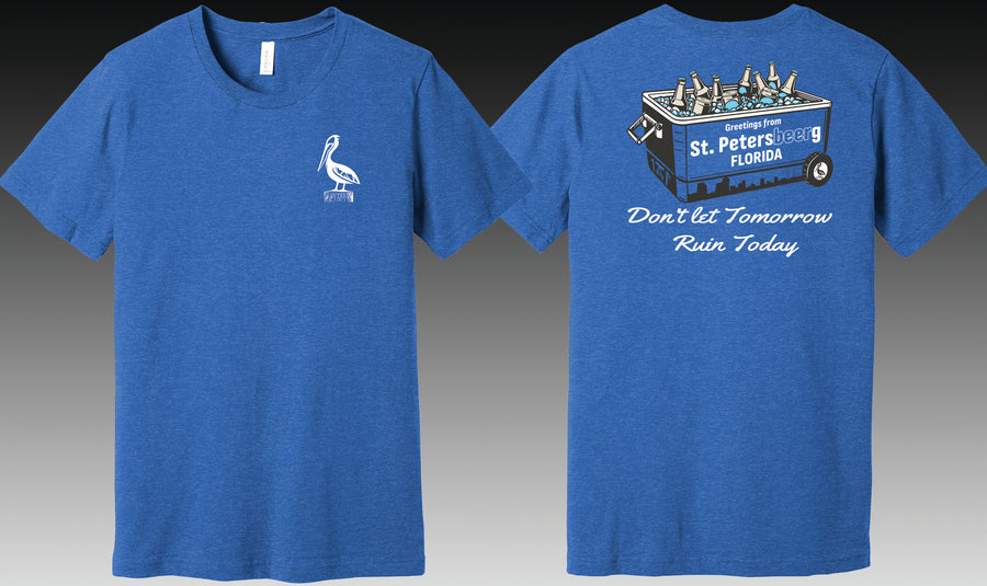 Royal blue t shirt featuring a cooler with St. Petersbeerg design and St. Pete St. Petersburg skyline made local