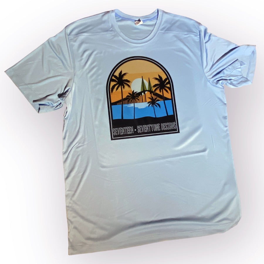 White SPF 50 + fishing shirt featuring the skyway bridge in st. pete st. petersburg locally made shirt