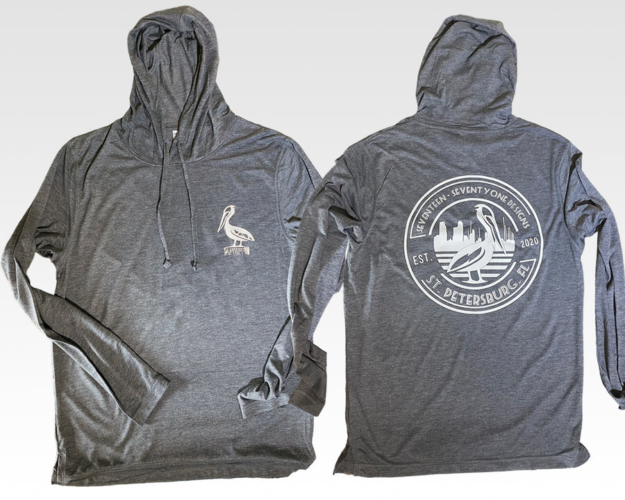 dark grey fishing hoodie spf 50 + locally made clima cool material skyline and pelican  in st. pete st. petersburg and pelican