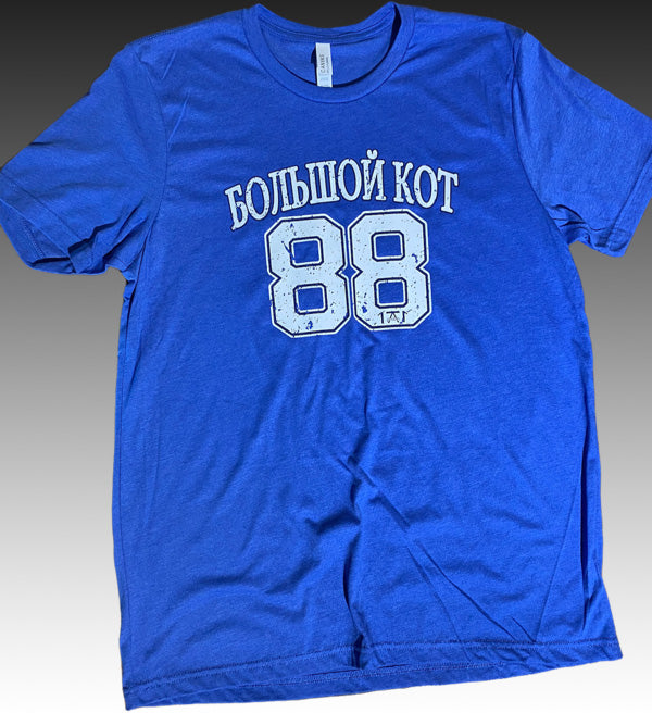 Blue shirt featuring tampa bay lightning goalie andrei vasilevskiy - big cat written in russian - locally made t shirt