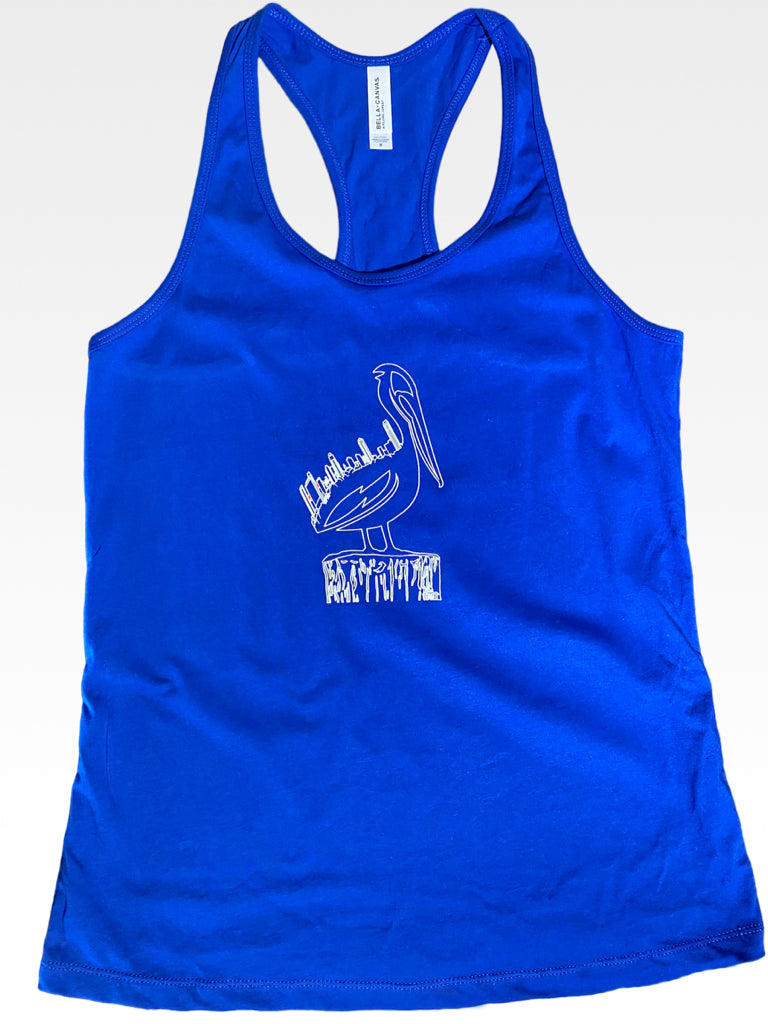 Blue women racerback rank top featuring the St. Pete St. Petersburg Skyline on the back of pelican - locally made