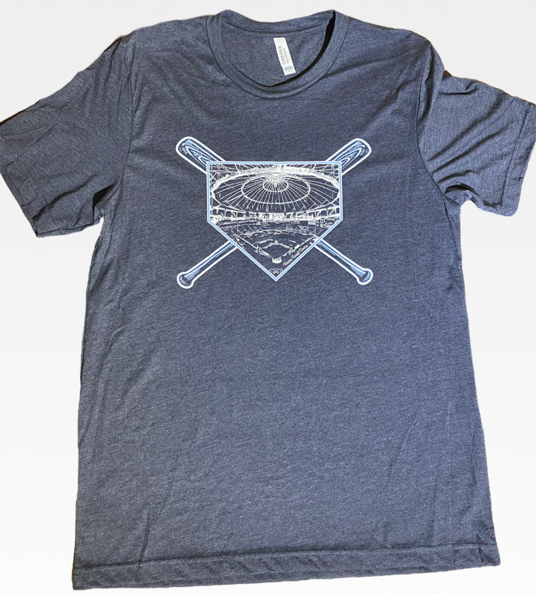 Navy blue t shirt featuring inside of tropicana field - with a homeplate and baseball bats in the background - keepin it local