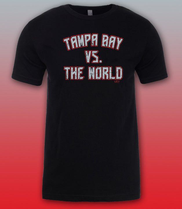 black t shirt featuring a tampa bay buccaneers inspired quote of tampa bay vs the world