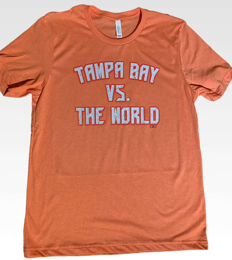 orange t shirt featuring a tampa bay buccaneers inspired quote of tampa bay vs the world