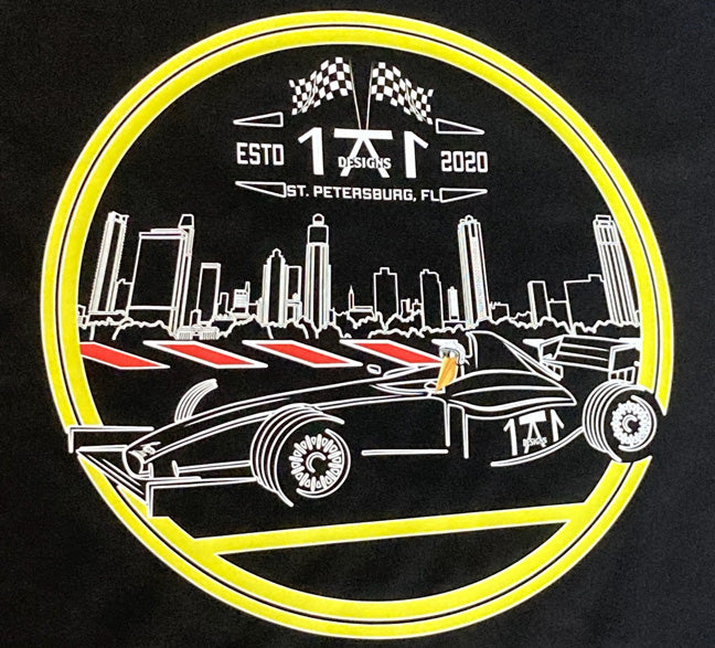 Black shirt featuring st. pete st. petersburg skyline and the st. pete indy grand prix car locally made in st. pete st. petersburg