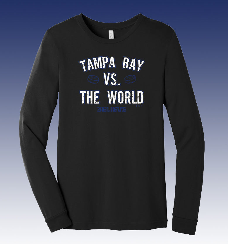 black t shirt featuring a tampa bay lightning inspired quote of tampa bay vs the world