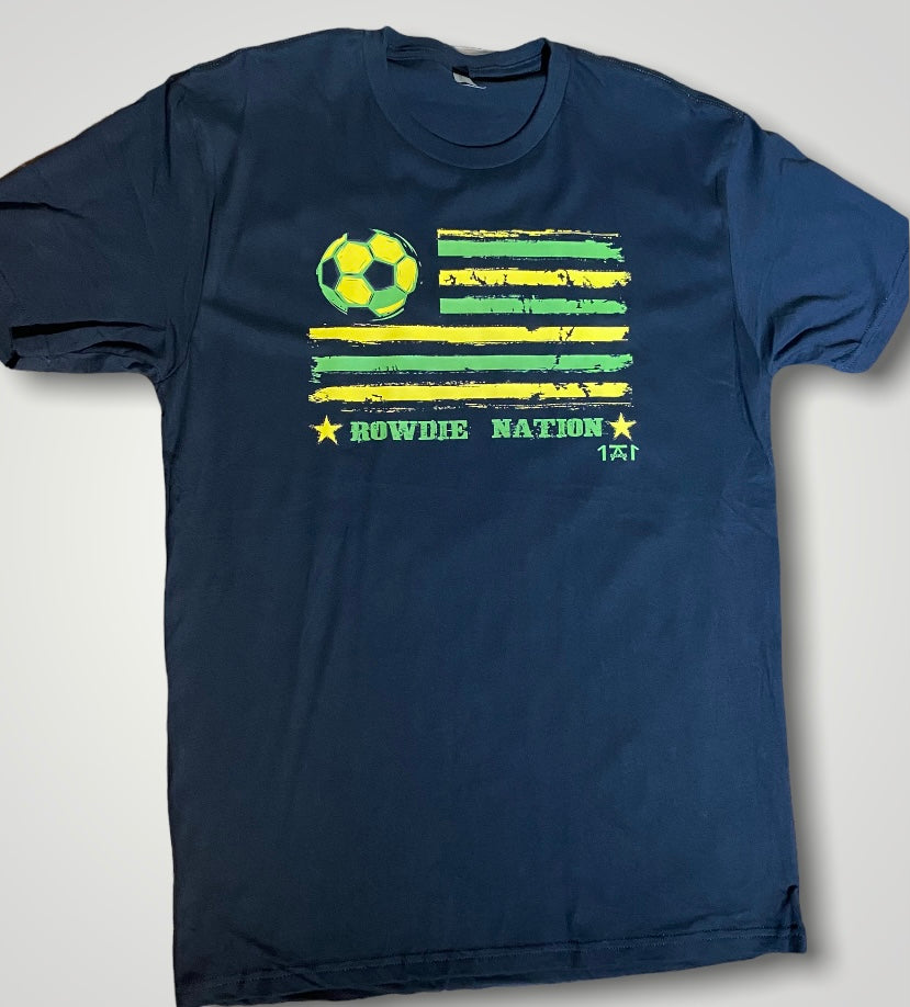 black shirt featuring the tampa bay rowdie colors in the shape of a flag locally made shirt in st. pete st. petersburg