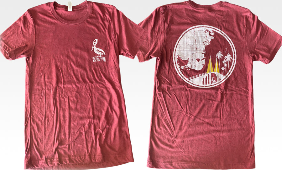 Maroon T shirt featuring a map of St. Petersburg and the skyway bridge  - Keepin It Local - Locally Made