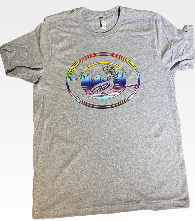 Love is Love - Grey t shirt featuring st.petersburg skyline with pelican on chest. Rainbow print - keepin it local