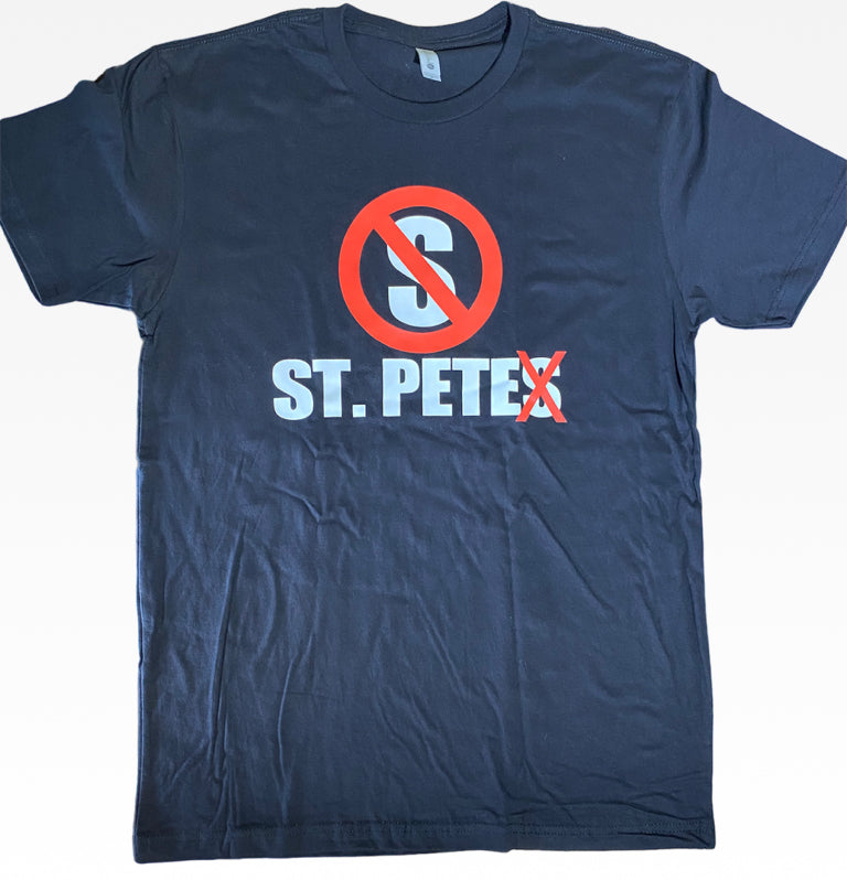 Black shirt featuring a "NO S" because it is called St. Pete not St. Petes locally made shirt in st. petersburg