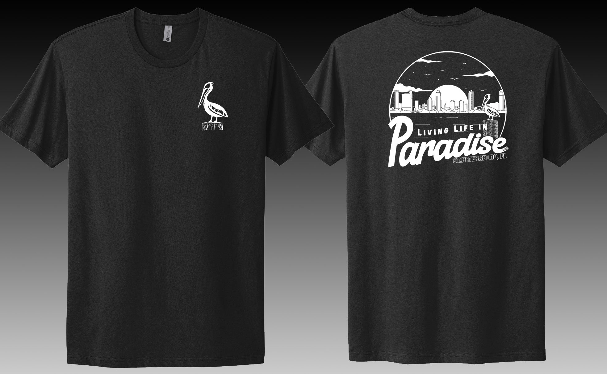 black shirt featuring st. pete st. petersburg skyline and pelican locally made shirts