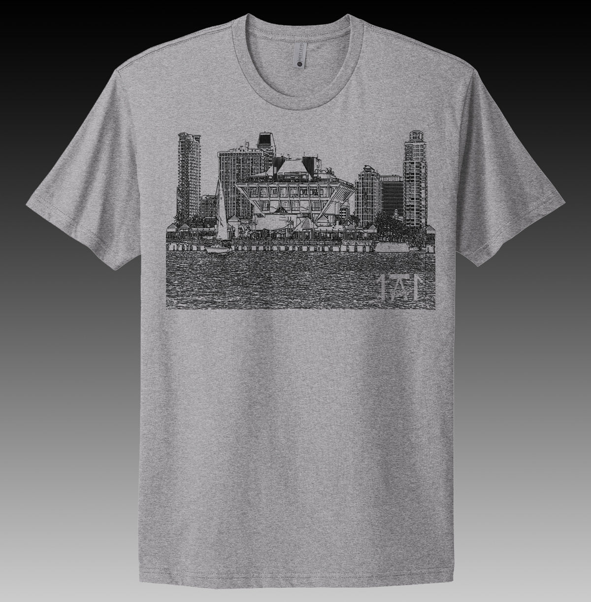 grey shirt featuring the St. Pete St. Petersburg pier and the downtown skyline locally made t shirt