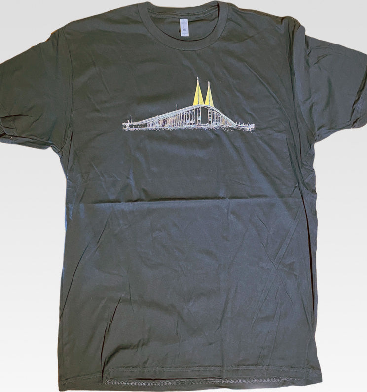 black t shirt featuring the skyway bridge in st. pete st. petersburg locally made shirt