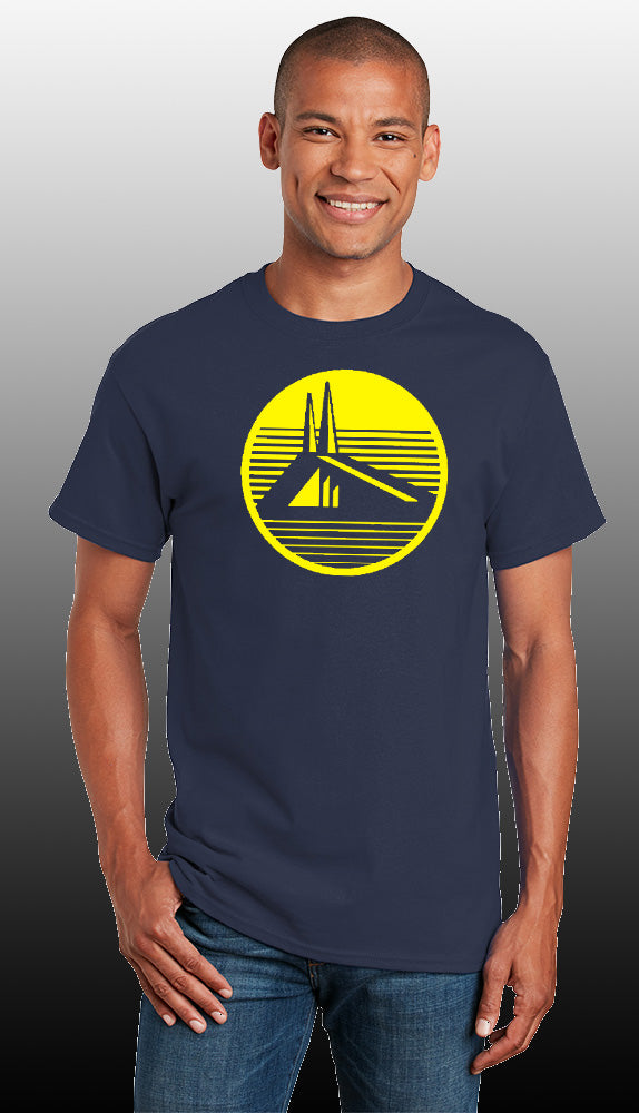 navy blue shirt featuring a bright yellow image of the skyway bridge in st. pete st. petersburg locally made shirt
