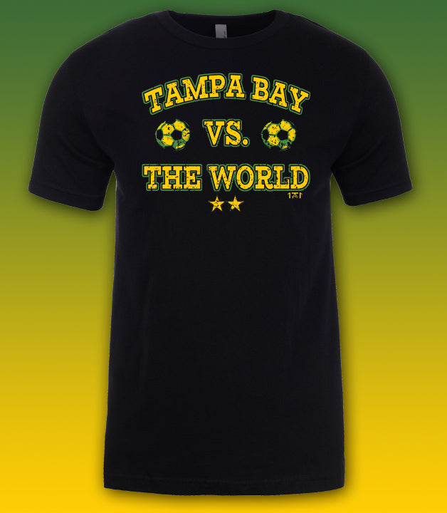 black t shirt featuring a tampa bay rowdies inspired quote of tampa bay vs the world