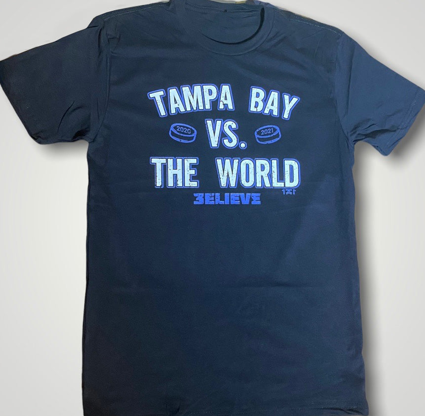 black t shirt featuring a tampa bay lightning inspired quote of tampa bay vs the world