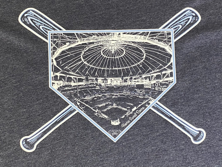 Navy blue t shirt featuring inside of tropicana field - with a homeplate and baseball bats in the background - keepin it local